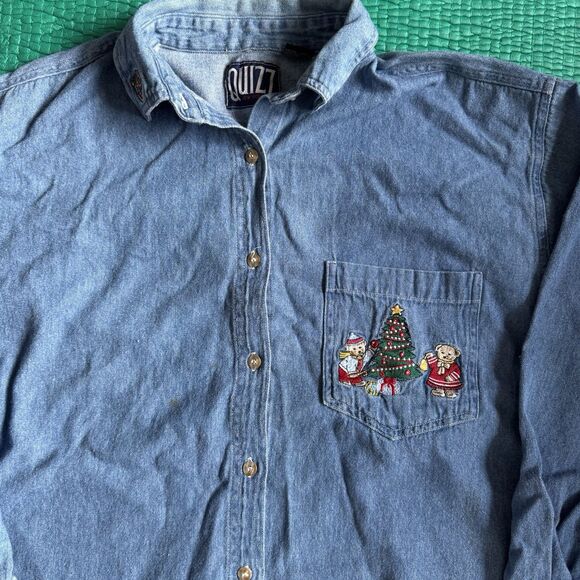 Vintage 90s Quizz Denim Button Up Shirt Sz L Christmas Bears Embroidery Winter - Picture 14 of 16